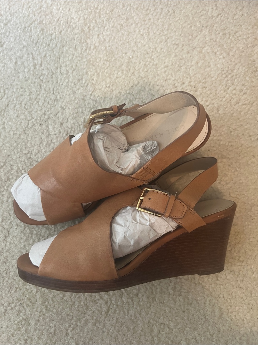 Cole Haan Tan Leather Open-Toe Wedge Sandals with Gold Buckle
